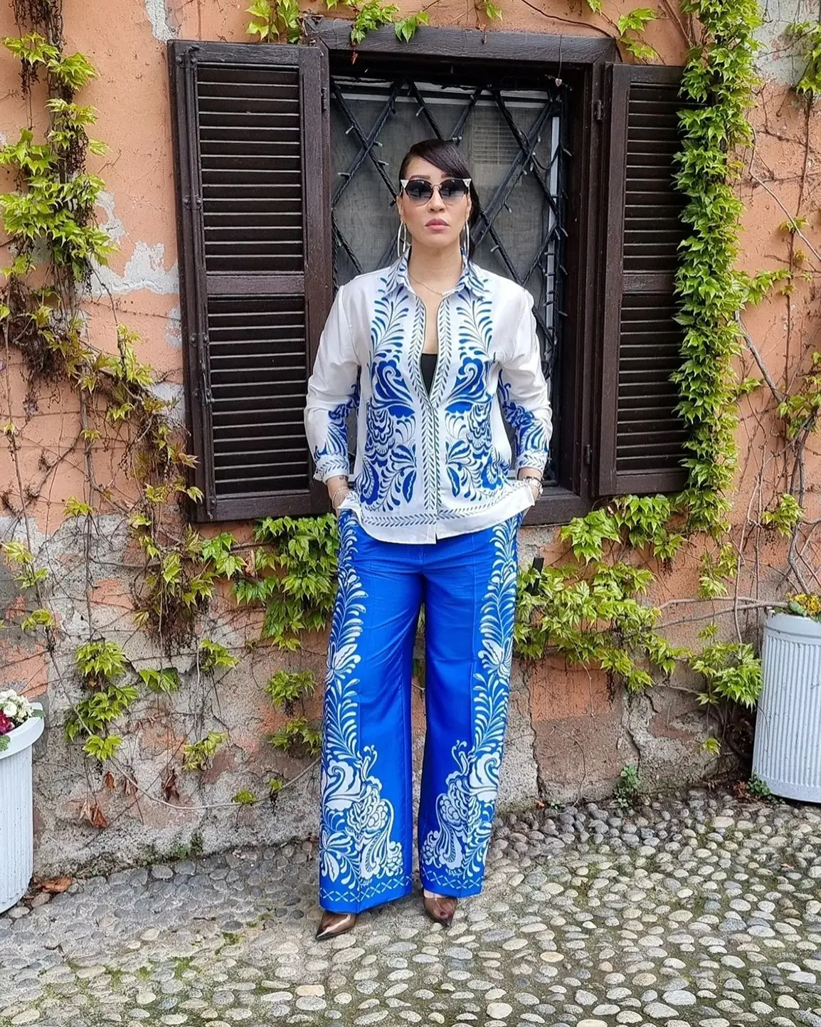 2024 Women Trouser Suits Chic Floral Print Lapel Long Sleeves Shirt Top + Vintage Loose Woman Straight Wide Leg Long Pant