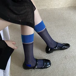 Chaussettes fines respirantes en verre pour femmes, chaussettes transparentes à rayures, design de tube moyen, blocage de documents créatifs, été