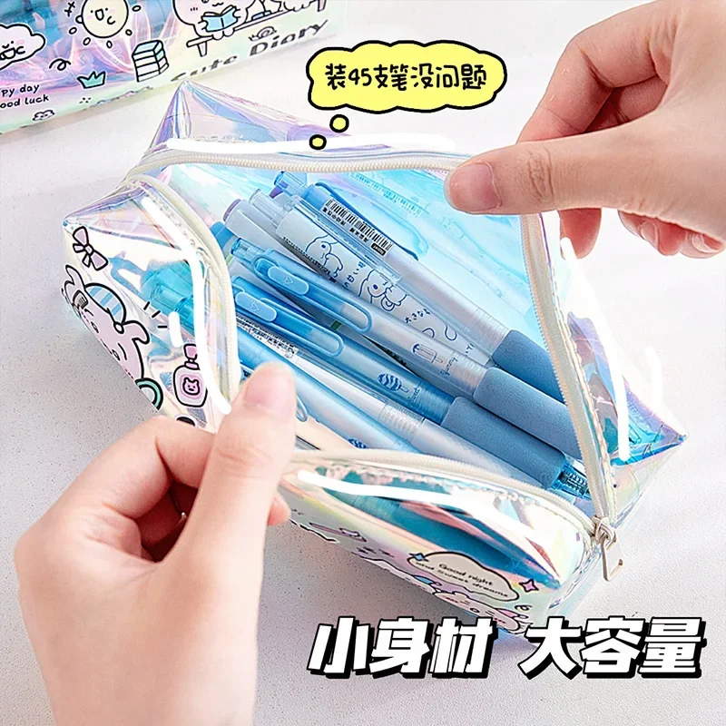 Kawaii Disney Stitch Pen Bag Rainbow Dash Cute Anime Transparent Laser Stationery Bag Waterproof Makeup Bag Gift Toy