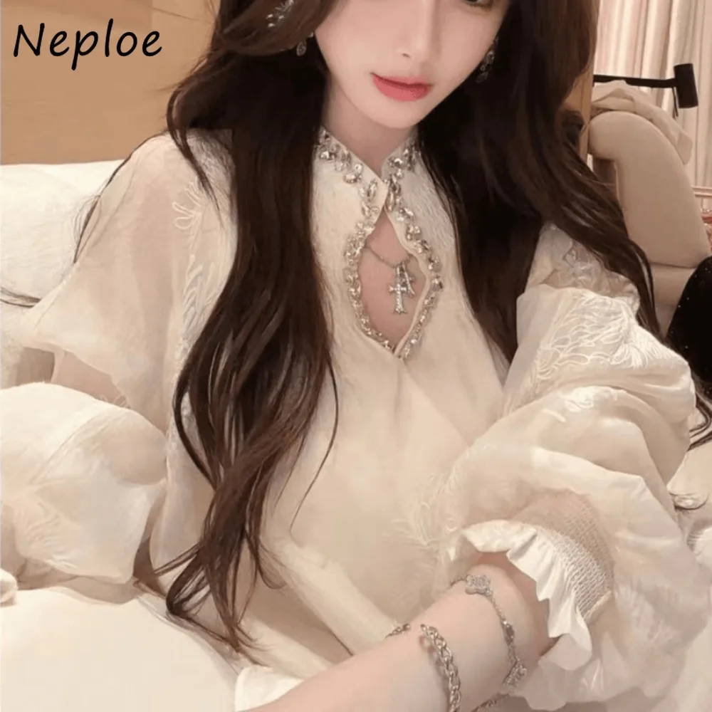 Neploe Elegant Loose Sweet Celebrity Diamonds Mujer Ruched French Style Heavy Korea Shirt Minority Vintage All-match Women Tops