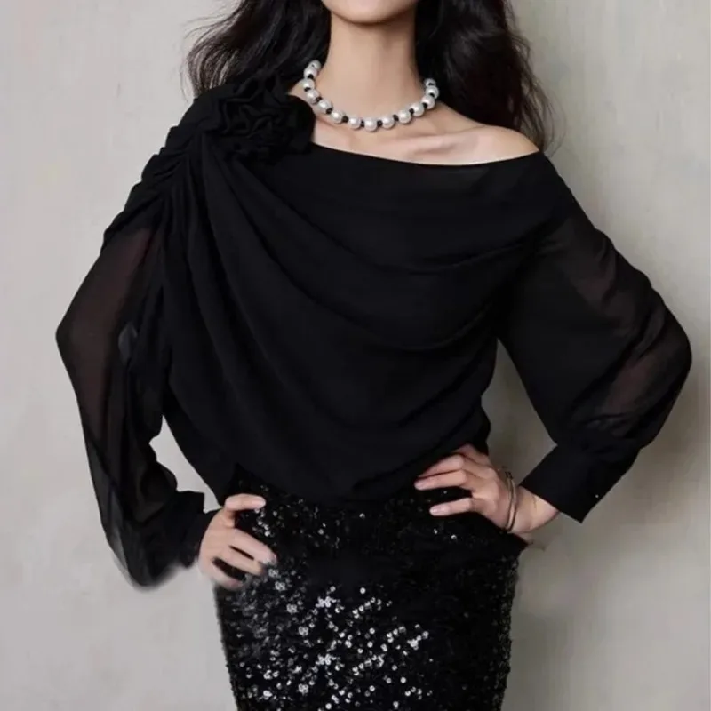 

Новая женская элегантная дизайнерская блузка с открытыми плечами и 3D цветами, офисная женская роскошная рубашка со рюшами, свободные мягкие сексуальные топы с длинными рукавами