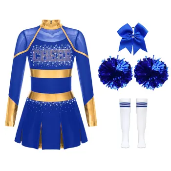 Crianças meninas cheerleader traje esportes cheerleading vestido metálico animar-se uniforme de dança com arco bandana meias vestir-se