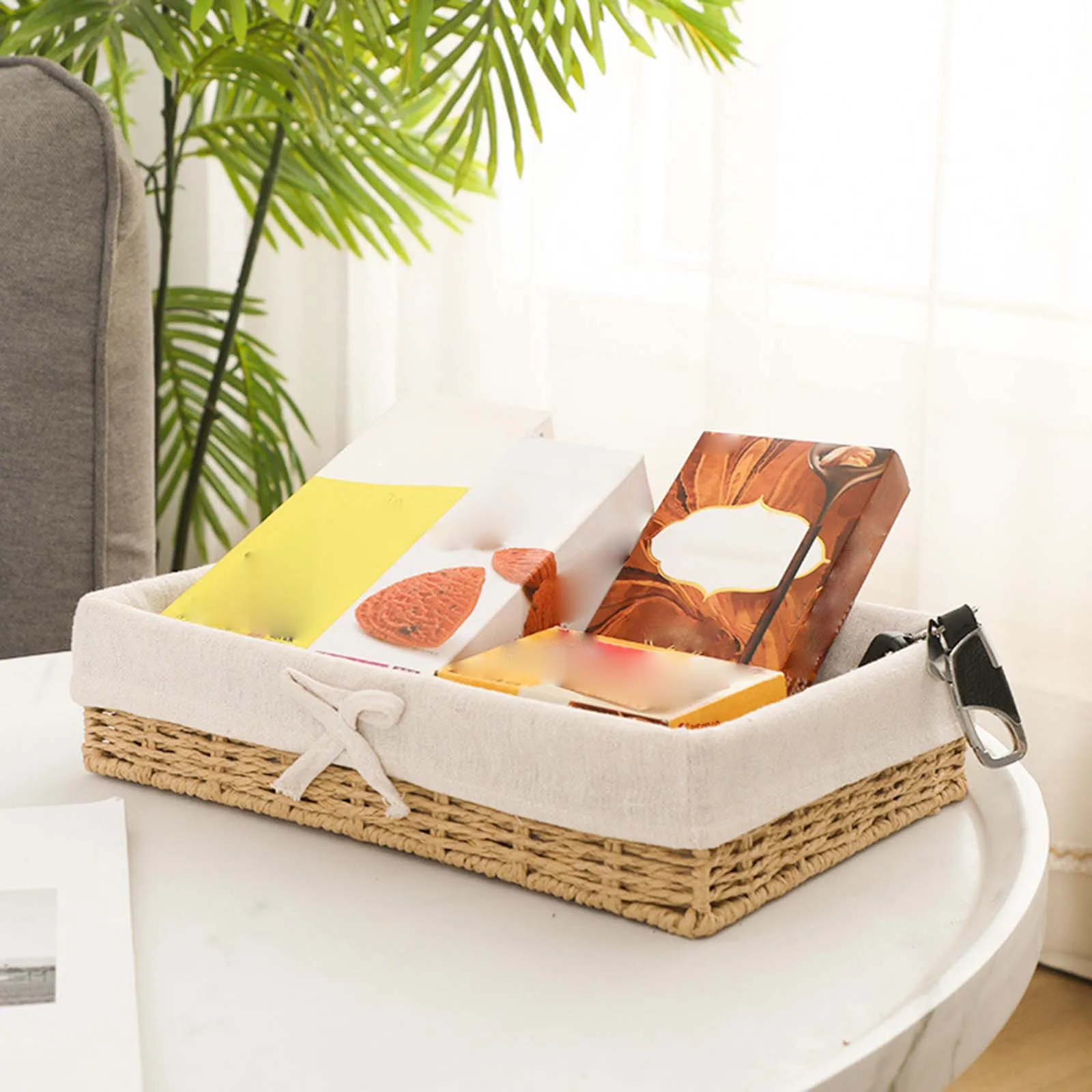 HandWoven Storage Basket Rectangular Desktop Storage Organizer Bins with Fabric Liner Stackable Jewelry Storage Organizer