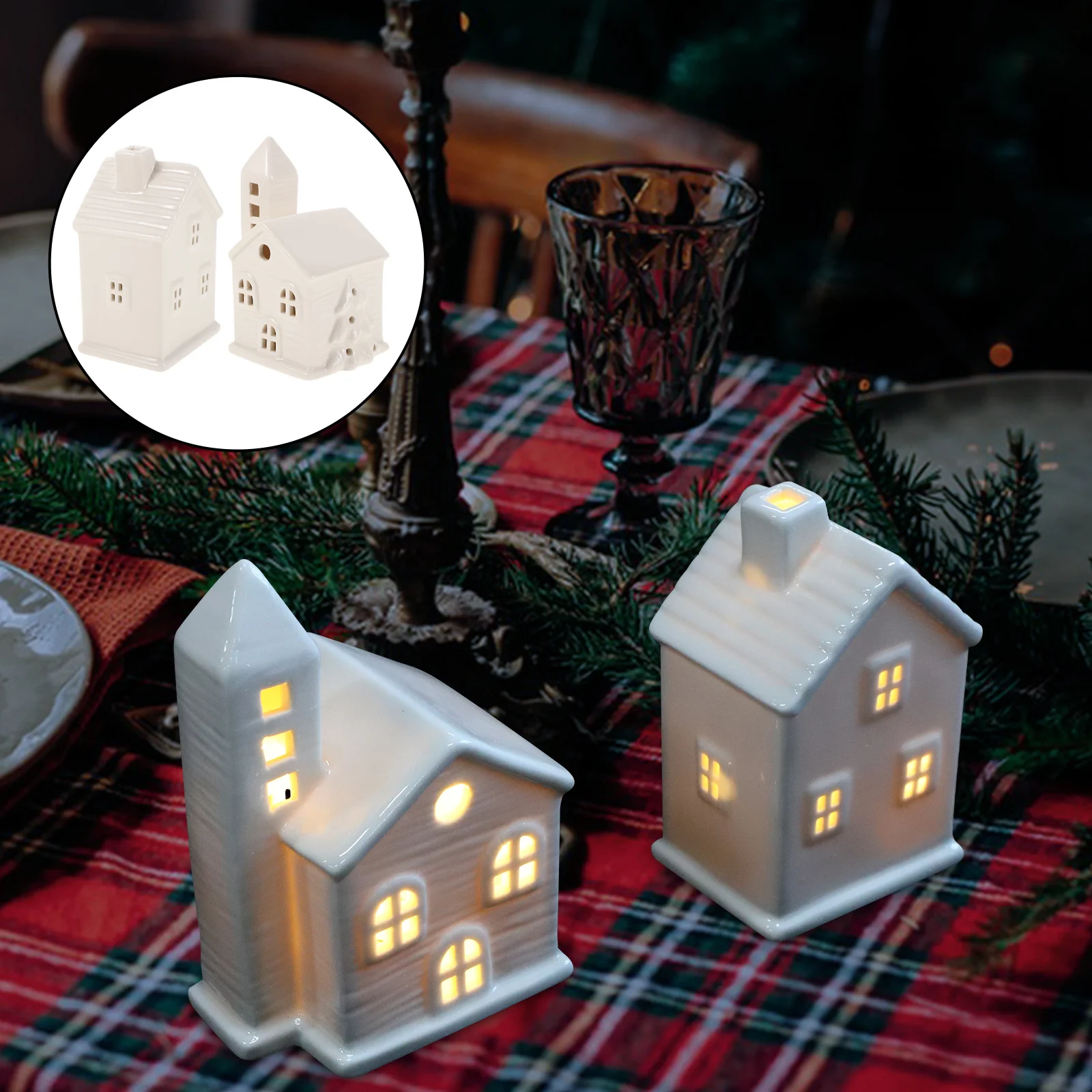 

2pcs Led Christmas Village Houses Handpainted Glowing Mini Houses For Indoor Holiday Decor Small Ceramic Lamps Christmas Tree