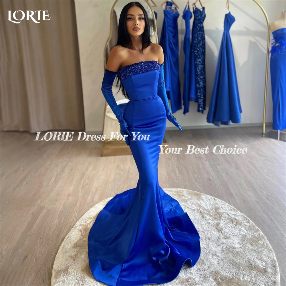 LORIE Elegant Glitter Mermaid Evening Dresses Strapless Solid Bodycon Off Shoulder Prom Dress Backless Party Gowns No Gloves