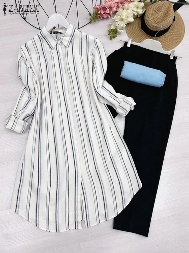 

ZANZEA Women Sets Elegant Striped Two-piece Suits Outfits Casual Lapel Neck Long Shirts Elastic Waist Pants 2025 Matching Sets