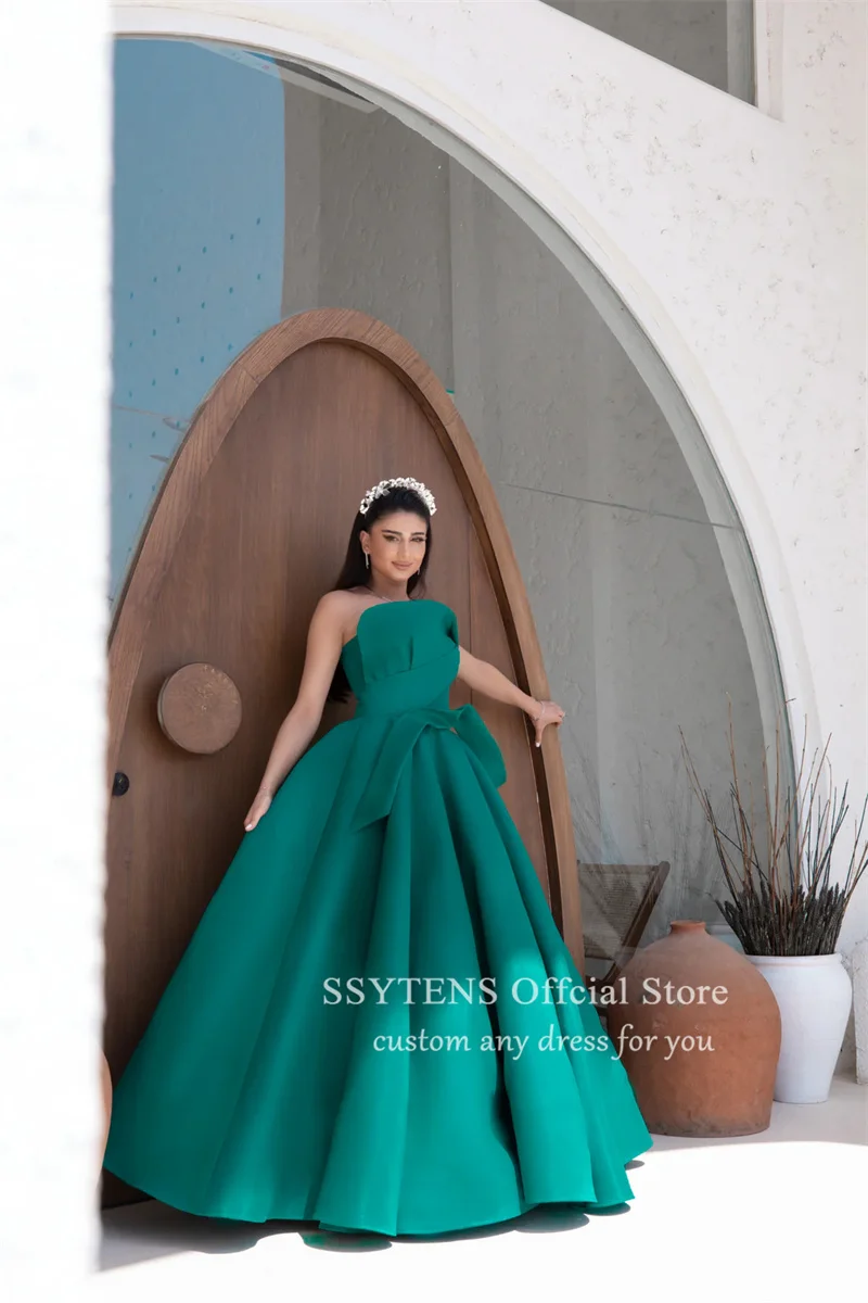 SSYTENS Green Silk Satin Long Evening Dresses Strapless Floor Length Prom Dress Women Elegant Formal Dubai Wedding Party Gowns