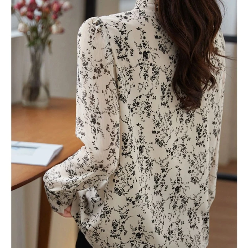 

Элегантная блузка со шнуровкой и цветочным бантом, весенне-осенняя новая свободная винтажная рубашка с длинными рукавами и принтом, топы, повседневная модная женская одежда
