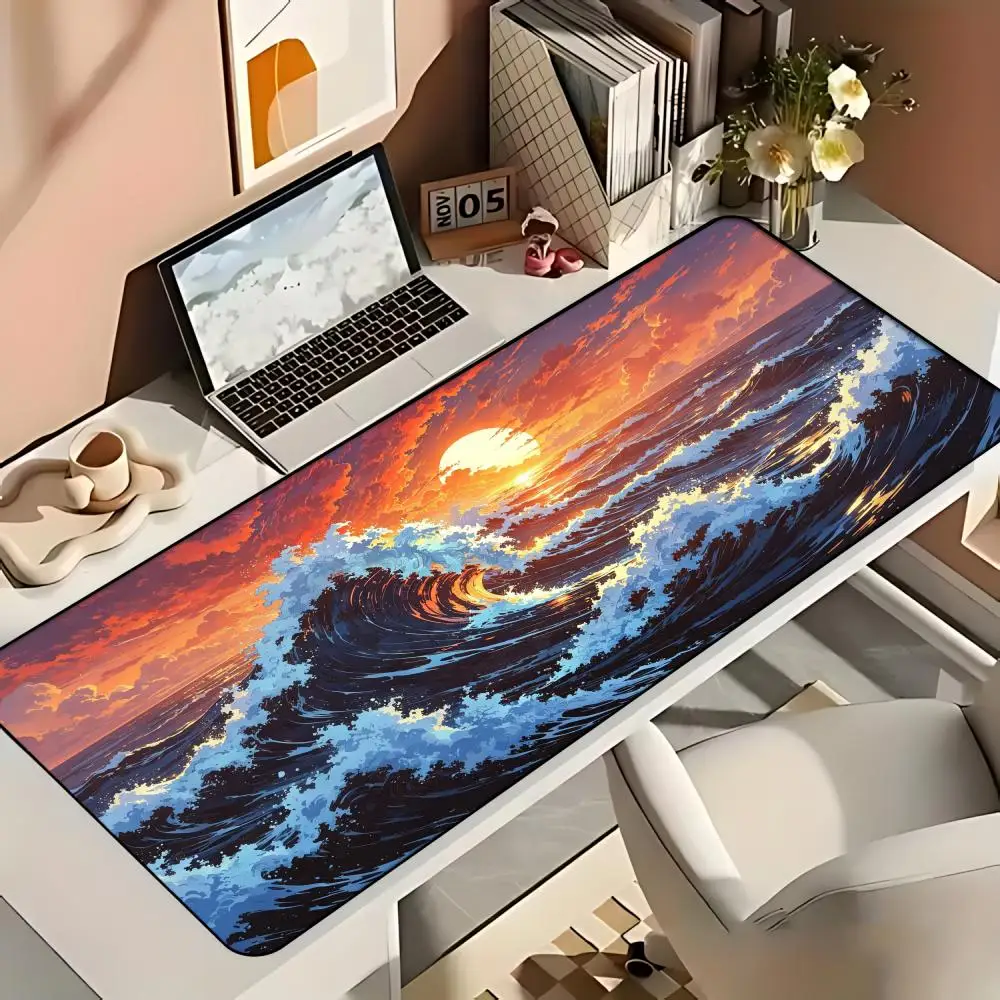 Large XXL Gaming MousePad Desk Mat Keyboard Pad Sunset Ocean Great Wave Pastel Landscape Print NonSlip Rubber Base Stitched Edge