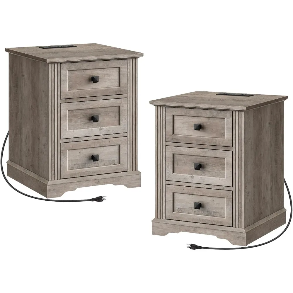 مجموعة منضدة مكونة من 2، حامل ليلي مع 3 أدراج، طاولة نهاية واسعة 18 بوصة مع محطة شحن، طاولة بجانب السرير في المزرعة، علامة تبويب جانبية #1