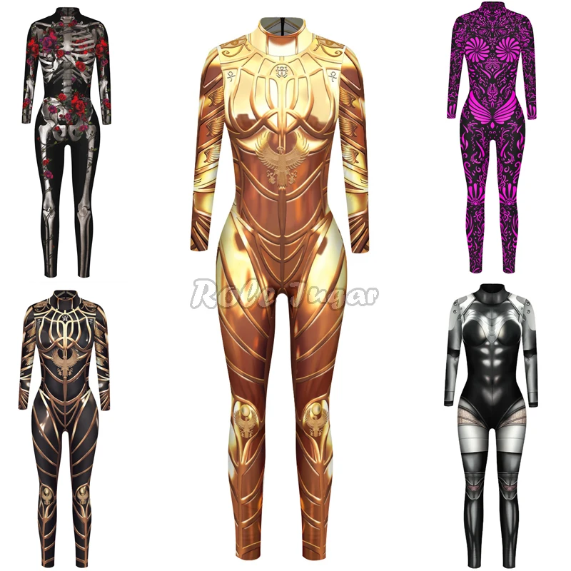 

Halloween Skeleton Jumpsuit Cosplay Costume Adult Women 3D Digital Printed Long Sleeve Bodysuit