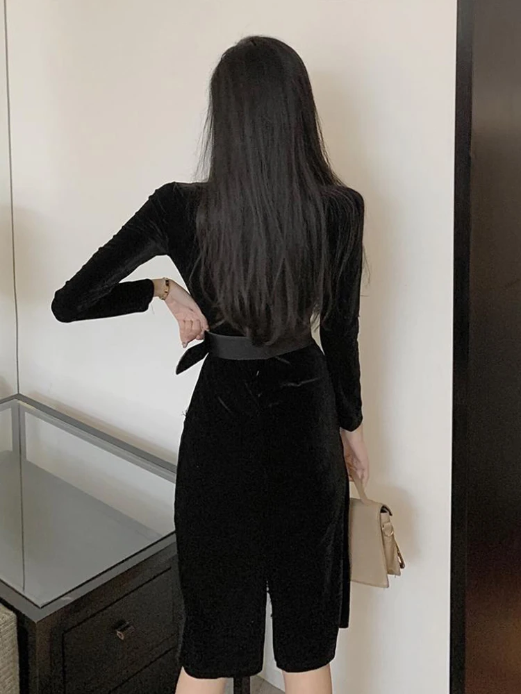 Novo outono inverno feminino cinto de veludo preto renda decoração vestido blazer colarinho bodycon fino robe senhoras elegante escritório namoro vestidos