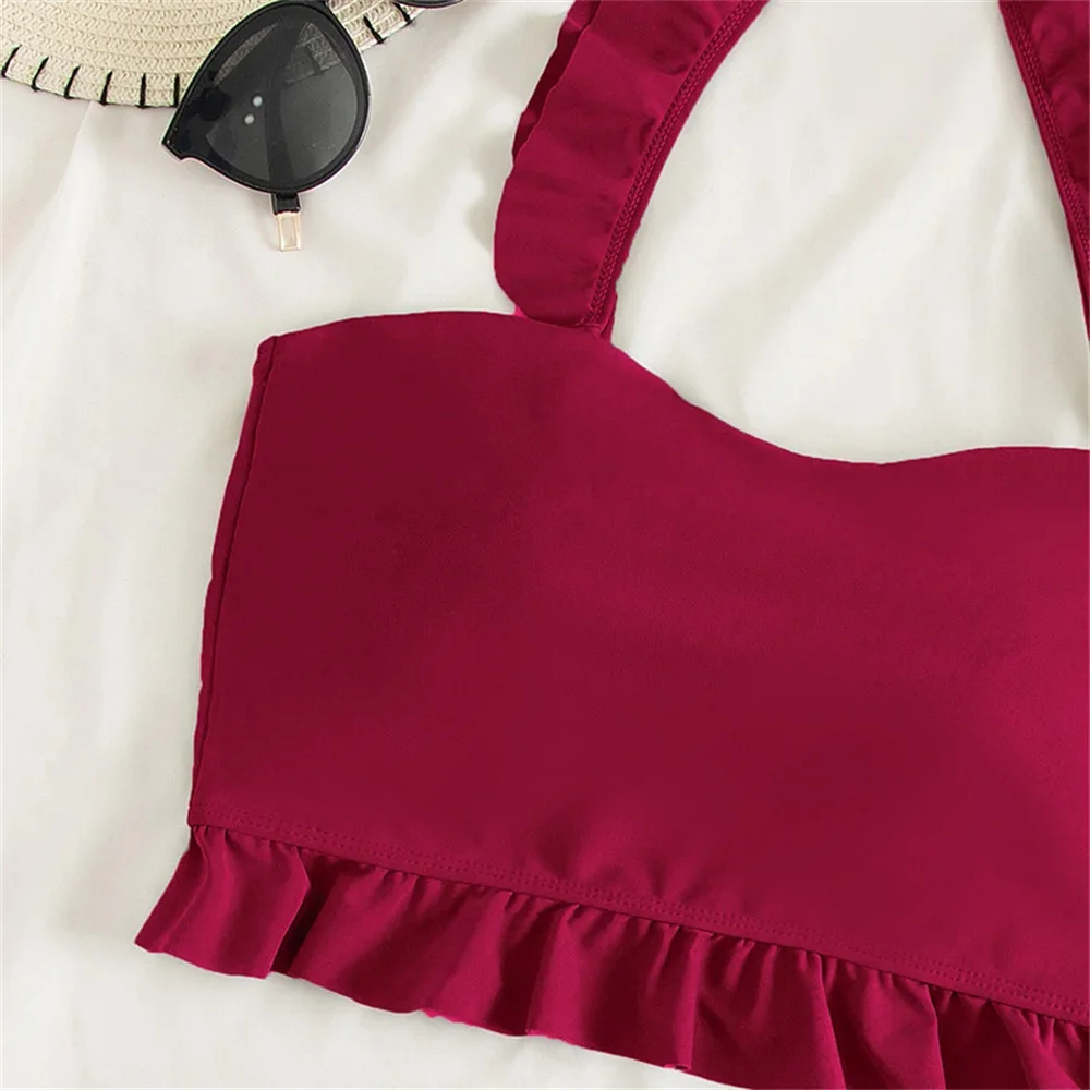 Sexy Ruffled Tankini Drawstring Back Bikini Bandeau Swimsuit Push Up Swimwears Thongs Women High Waist Beach Outfit Bathing Suit