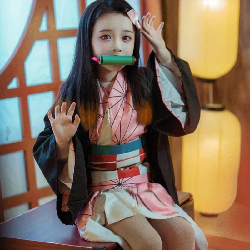 

Anime Kamado Nezuko Cosplay Costume Yaiba Costumes Kimono Haori Wig Clogs Suit For Adult Children Hallow