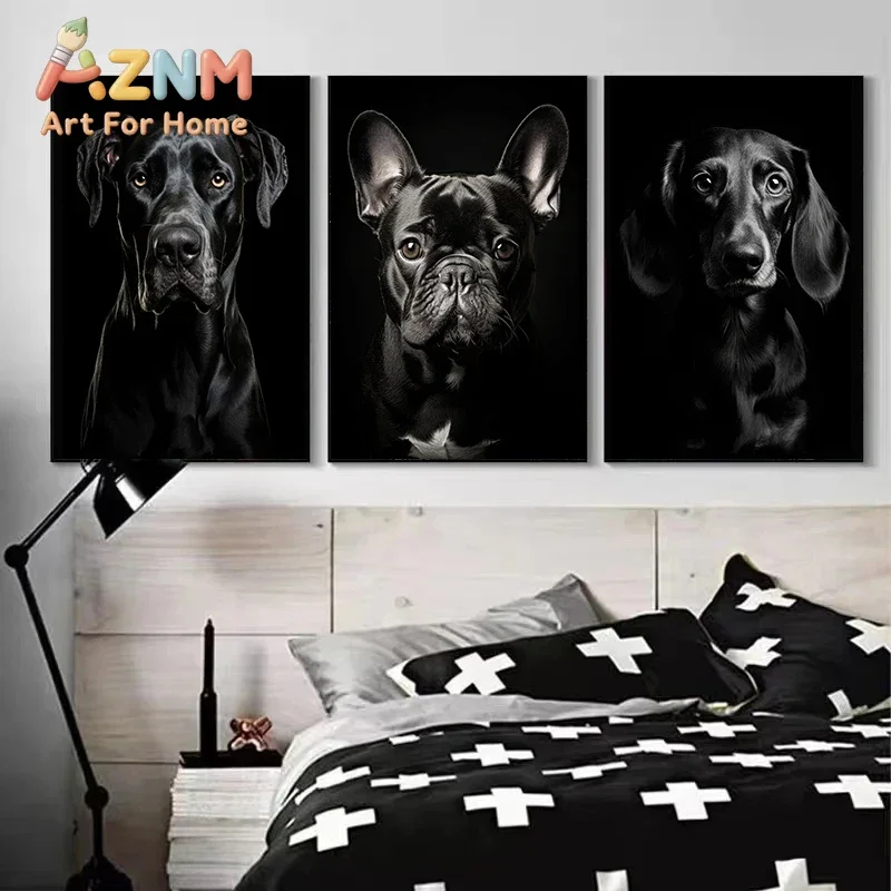 Black and White Dog Cat Poster Pet French Bulldog Dachshund Portrait Print Canvas Painting Wall Art Picture for Home Room Decor