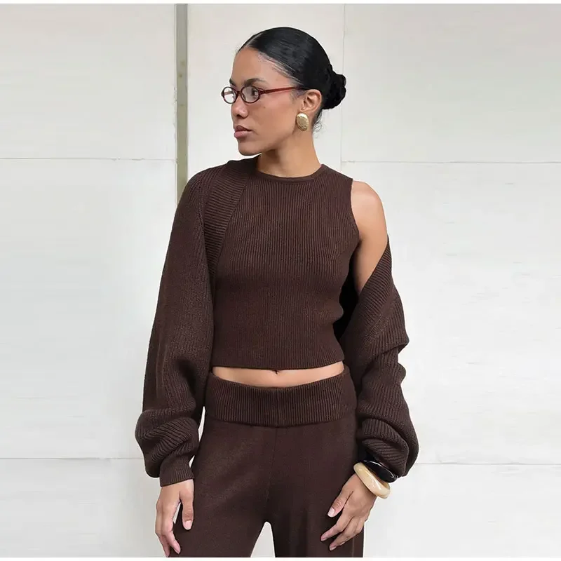 Damen Strick-3-Teiler-Set: O-Ausschnitt, ärmelloses Crop-Top, Langarm-Mantel, weit geschnittene Hose, Herbstmode, neue Strickwaren für Damen – Detail 19