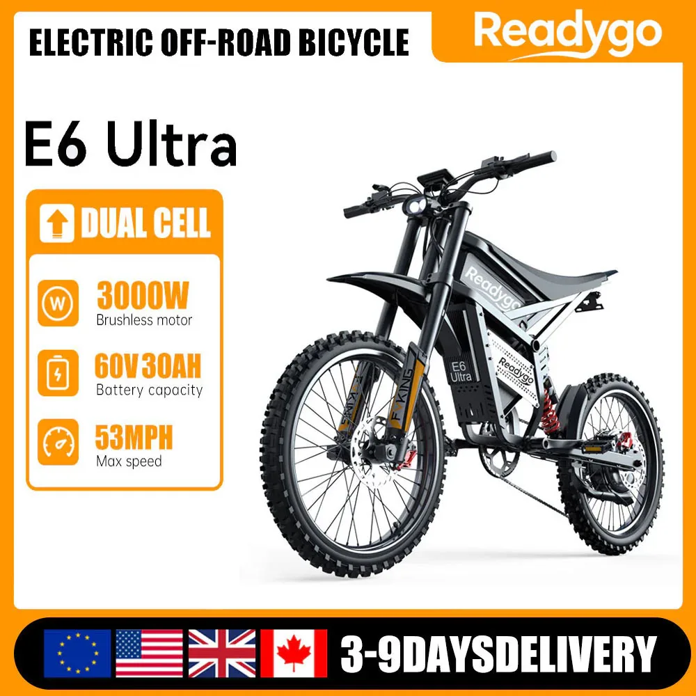 

Readygo E6 Ultra Adult Off-Road Ebike 3000W Brushless Gearless Motor 60V 30AH Lithium Battery 85Km/h Electric Bicycle