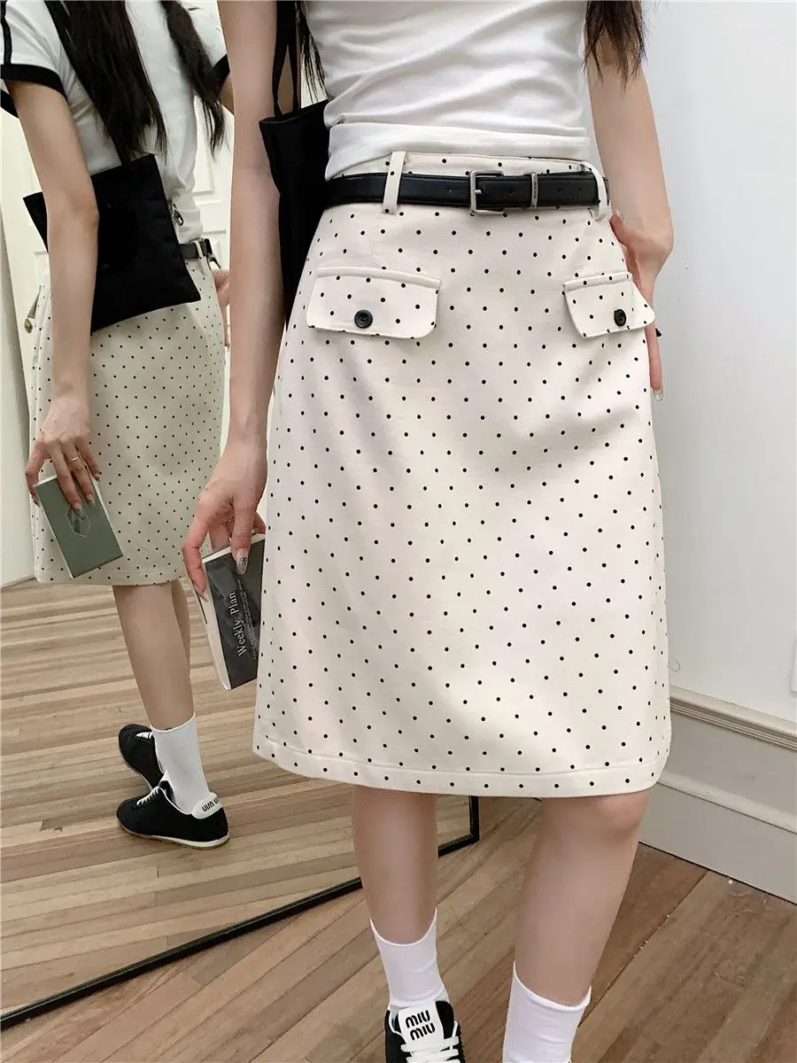 

2025 New Plus Size White Polka Dot Denim Skirt Women High Waist Knee Length A Line Slim Fit Pencil Mid Skirt High Quality Trendy