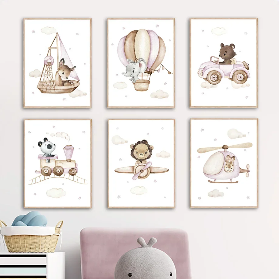 Boho Lion Giraffe Elephant Panda Balloon Wall Art Canvas Prints Painting Cartoon Pictures Kids Room Decor Nordic Nursery Posters