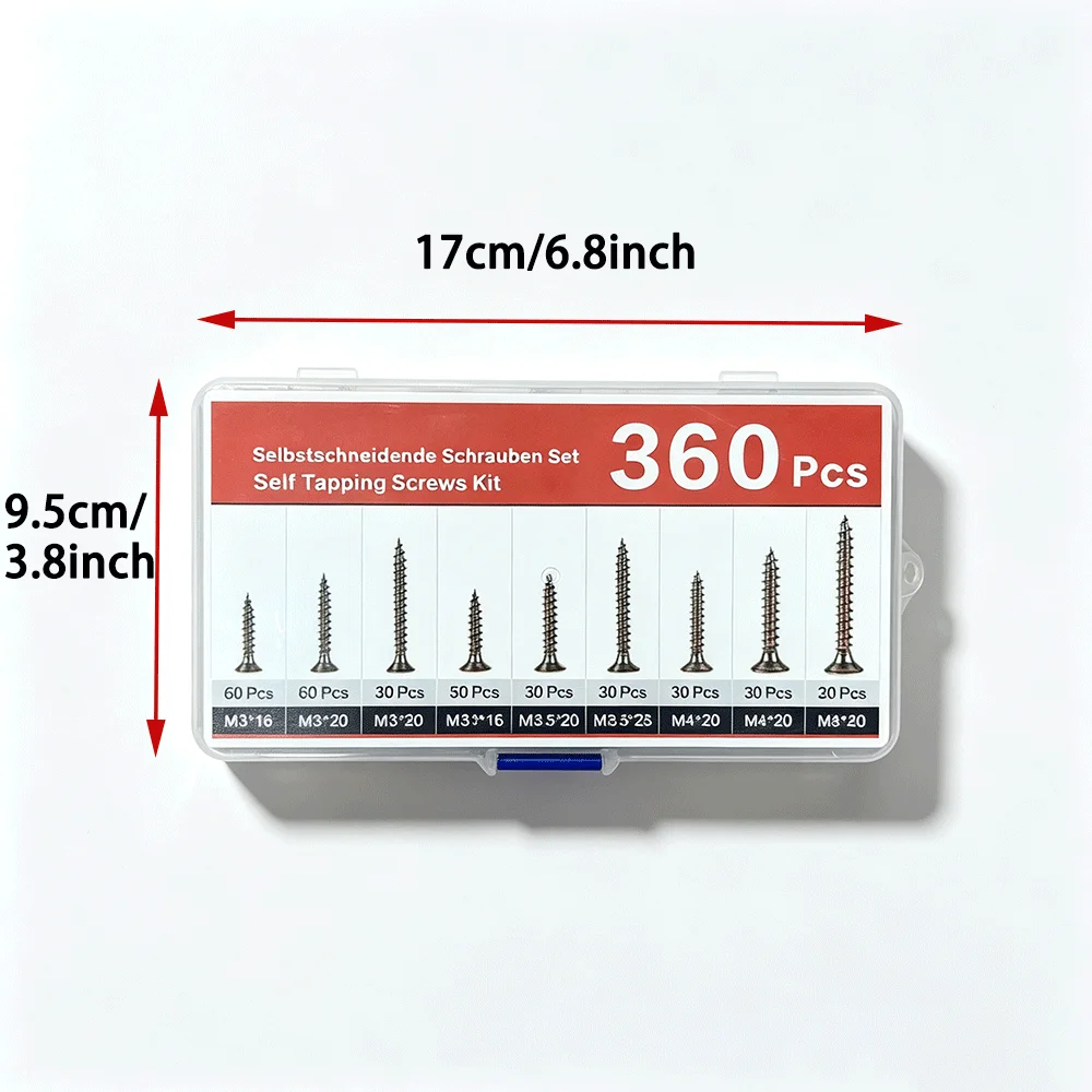 360PCS Self-Tapping Wood Screws Set M3/M3.5/M4 Countersunk Head Screws for DIY Woodworking And Repairing Projects