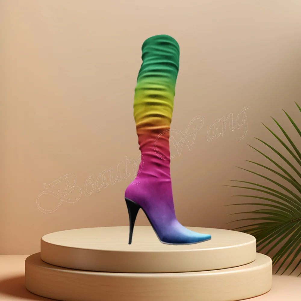 

Rainbow Color Knee High Boots Spike Heel Pointed Toe Shoes Thin Heel High Heel Shoes for Women Heels 2024 Zapatillas Mujer