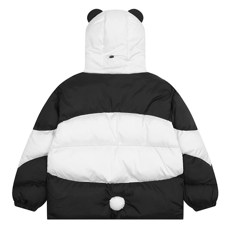 Hip Hop Parkas Men Panda Ear High Collar Hooded Padded Jacket Fashion Winter Thick Warm Puffer Coats Patchwork Outwear Clothing