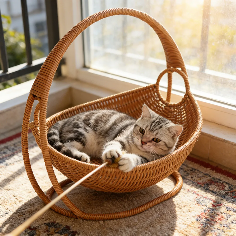 Rattan Swing Cat Bed Elevated Cat Cradle Hammock Cozy Cat Nest with Rocking Stand Indoor Pet Sleeping Basket for Cats view 3