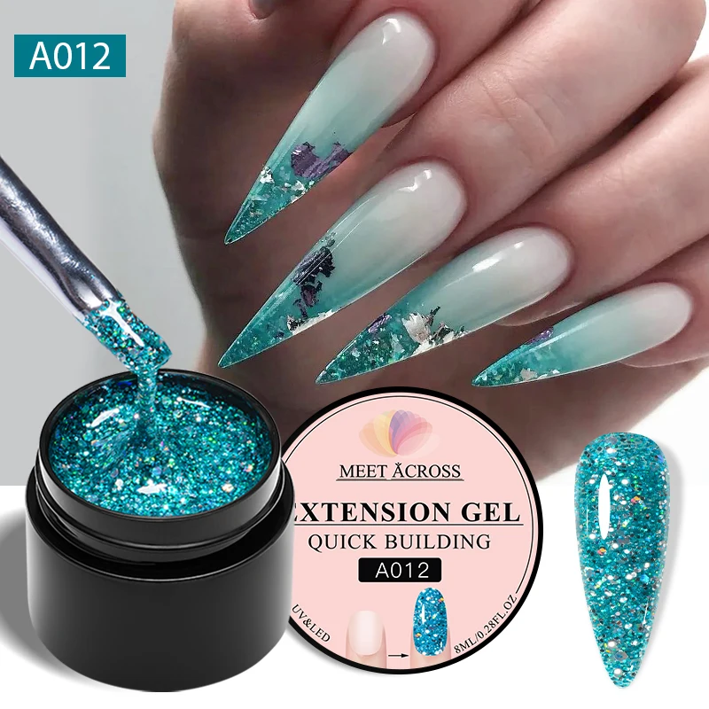 MEET ACROSS 8ml Sparkly Quick Extension Nail Gel Polish Glitter Soak Off Semi Permanent Builder Gel Nail Art DIY Manicure Vernis