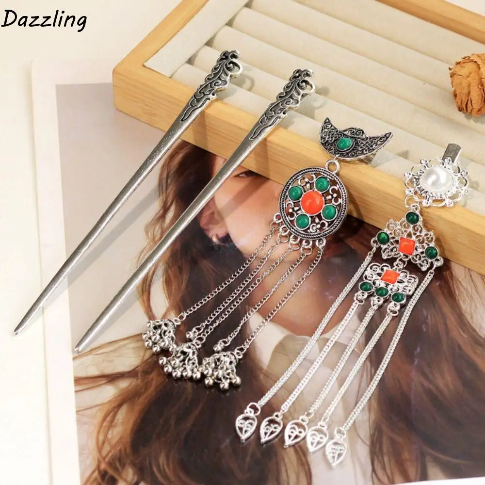 

Ancient Crescent Shape Tassel Hairpin Silver Metal Ethnic Style Hair Stick Hair Accessories Chinese Style Hanfu Hair Fork