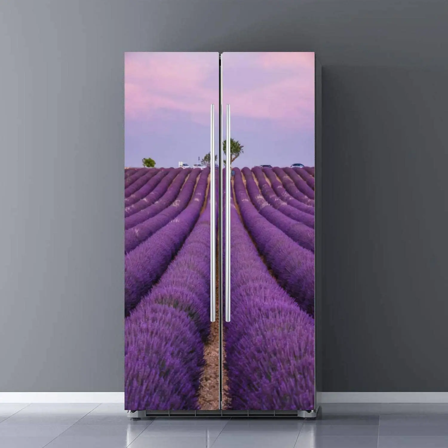 Purple Lavender Refrigerator Wrap Flower Field Scenery Decal Door Mural Sticker Removable Fridge Sticker Cover Kitchen Decor