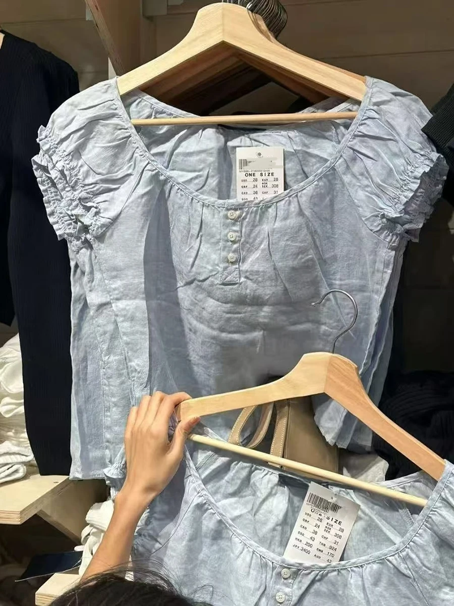 

Baby Blue Lace-up Ruffles Sleeve Tees Women Summer Casual Flax Cotton U-neck Buttons Tops Preppy Style Sweet Cute T-shirts New