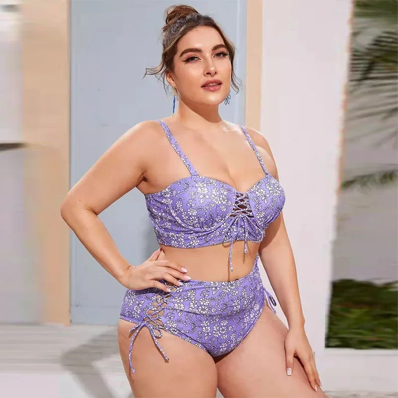 Bikini con estampado Floral para Mujer, bañador Sexy con abertura, traje de baño Retro de cintura alta, ropa de playa de talla grande, 2024