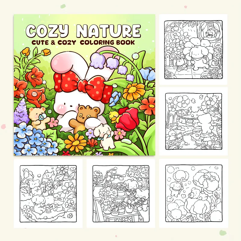 Cozy Nature Coloring Book, Cute Forest Animals & Floral Scenes, Simple Line Art for Relaxing Creative Coloring Activity