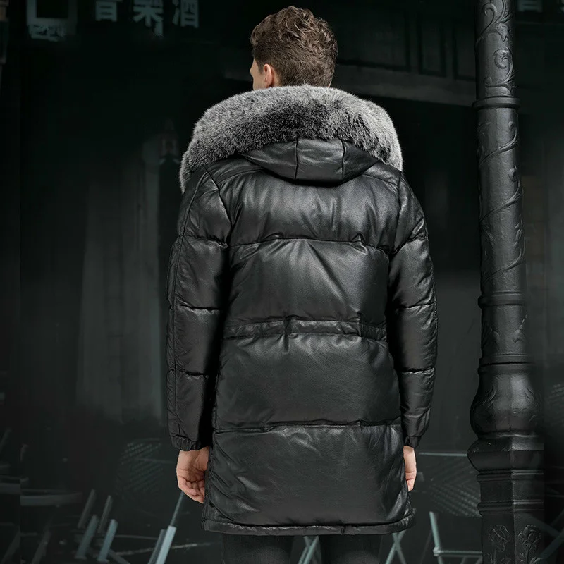 Men Winter 95% White Duck Down Jacket Cowhide Genuine Leather Men's Long Coat Real Fox Fur Collar -40 Degree Keep Warm 5XL