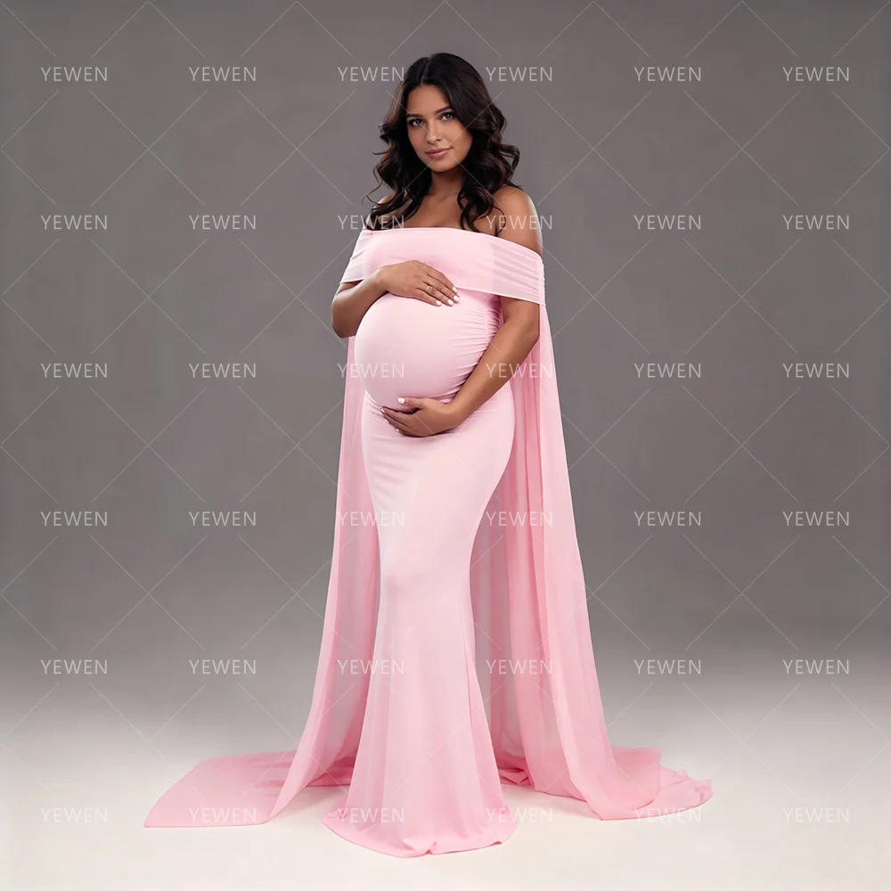 Off Shoulder Mermaid Maternity Photoshoot Dress Custom Long Train Pregnancy Photography Gown Couture Photoshoot Dress with Train