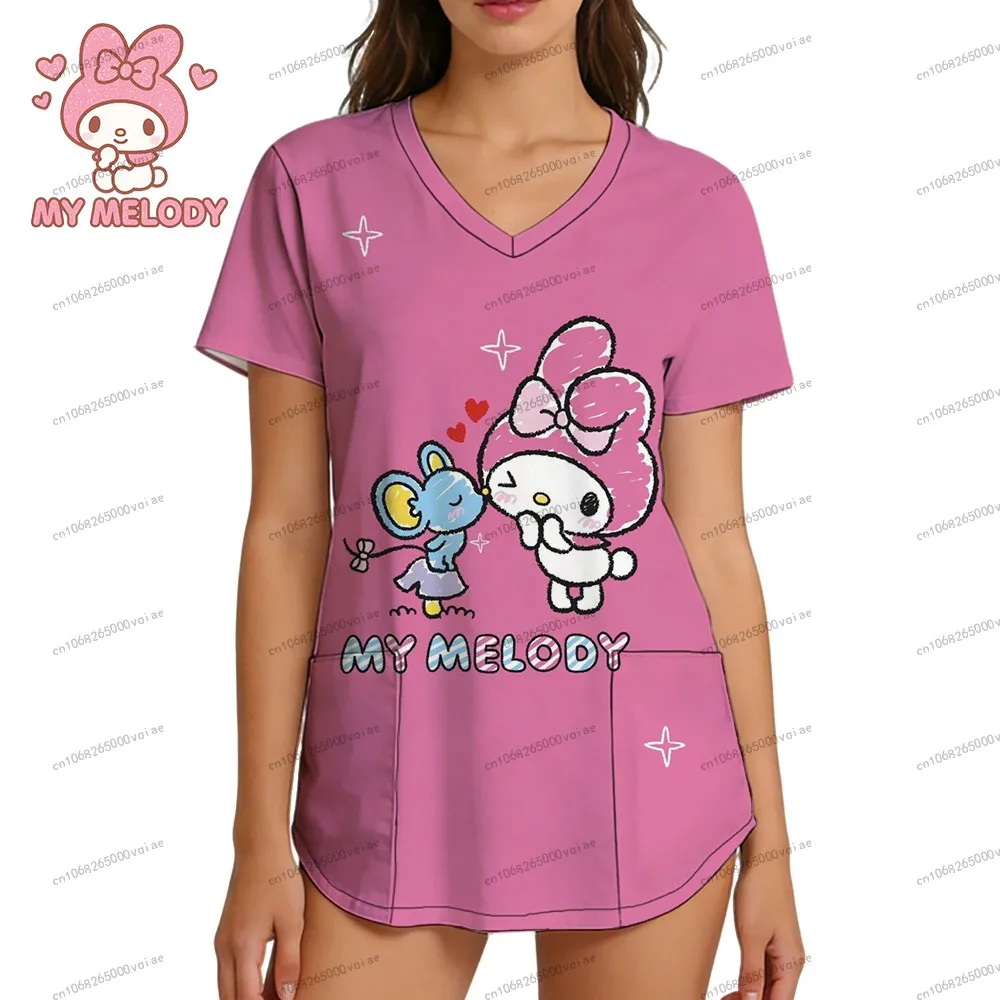 

Sanrio Fashion My Melody Nurse Uniform Women's T-shirt 3D Print V Neck T-shirt Summer Leisure Kawaii S-2XL Woman Clothes Shirts