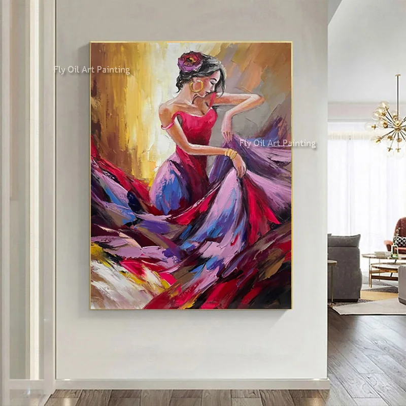 Spanish Flamenco Lady Oil Painting Dynamic Figure Canvas Wall Art Handmade Contemporary Wall Artwork