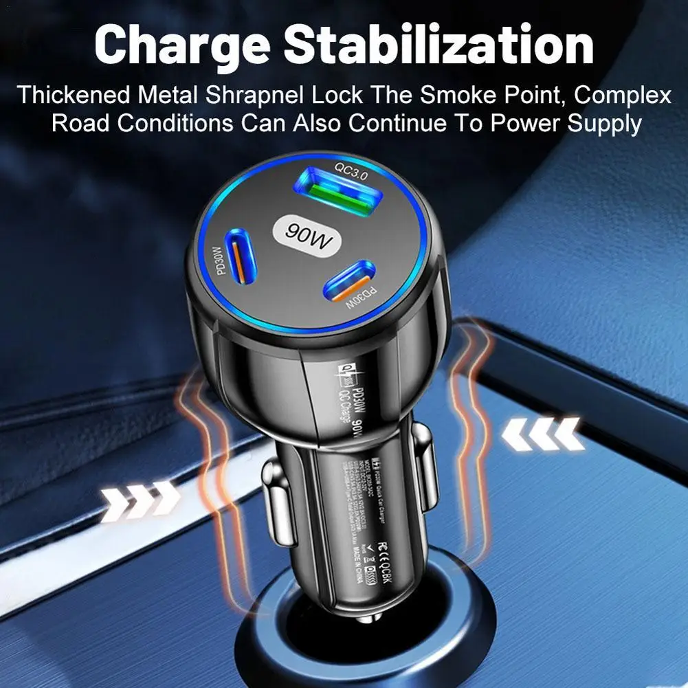 

Car Charger 90W 3-in-1 Fast Charging 1USB+2PD Connection Cigarette Lighter Phone Charging Adapter High-quality Car Accessories