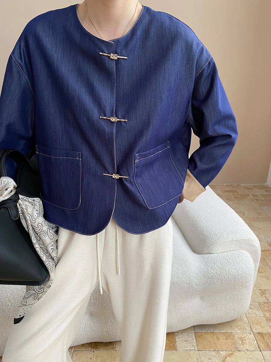 

Женская повседневная свободная короткая куртка в китайском стиле с двусторонним круглым вырезом и пуговицами