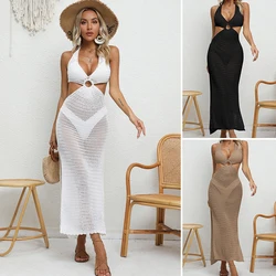 Women's Sexy Binding Rope Deep V Beach Cover-Up Knitting Halter Tunic Long Dress See-Through Summer Holiday Casual Beachwear