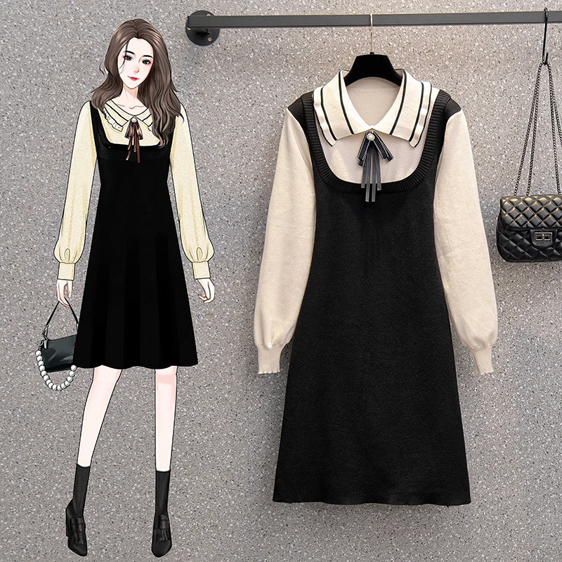 Winter Long Sleeve Elegant Knitted Dress Turn Down Collar Color Patchwork Casual Mini Dresses For Woman Vestido Robe Clothing