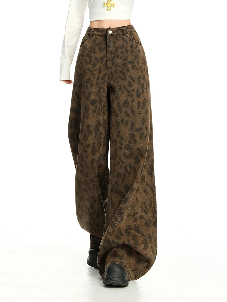 

Y2K американские джинсы в стиле ретро женские потертые леопардовые принты осень-зима свободные утягивающие длинные брюки длиной до пола повседневные модные