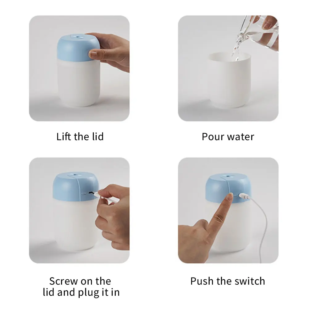 เครื่องเพิ่มความชื้นในอากาศขนาด300มล. แบบพกพาเครื่องเพิ่มความชื้นน้ำมันหอมระเหยสำหรับบ้านรถยนต์เครื่องพ่นหมอกเย็นด้วย USB พร้อมเครื่องฟอกอากาศแบบซอฟท์ไลท์สีสันสดใส