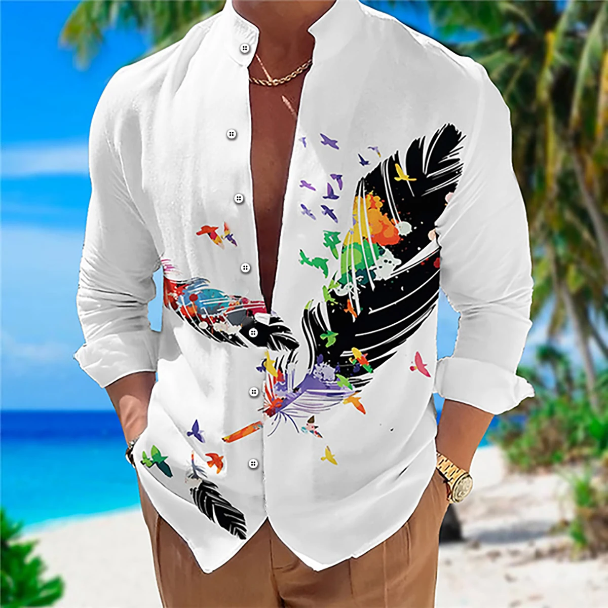 Camicia a maniche lunghe con colletto alla coreana da uomo estivo Bottoni con stampa di piume colorate Top per vacanze al mare Abbigliamento da uomo musulmano digitale allentato