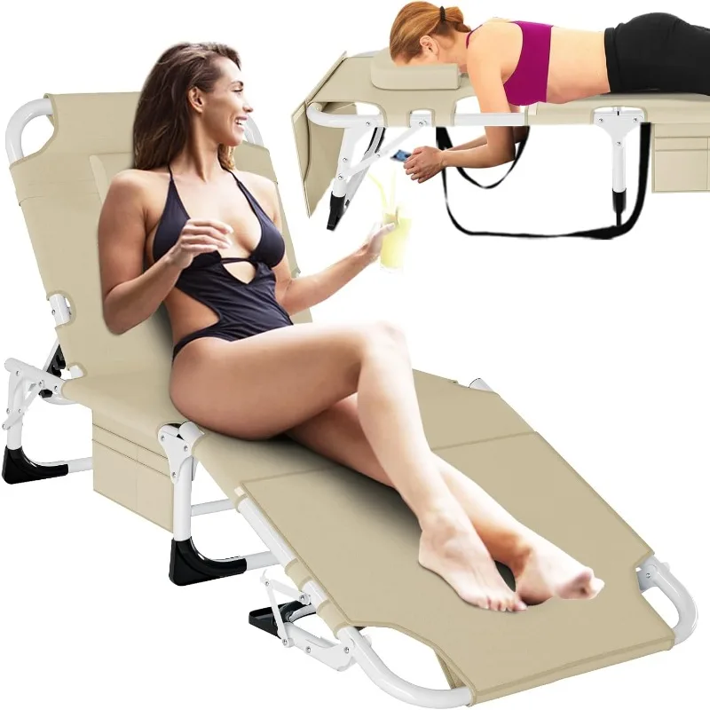 

3 in 1 Oversized Sun Tanning Chair with Mat & Face Arm Holes, 5 Positions Outdoor Heavy Duty Folding Chaise Lounge for Be