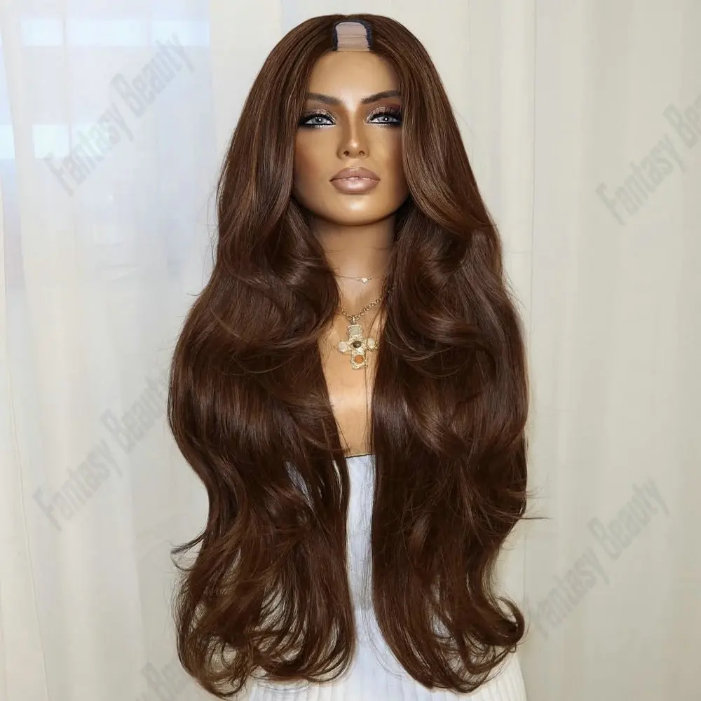 30inches Glueless U/V Part Wig 1x4 Loose Wave Chestnut Brown Remy Peruvian Human Hair Easy Wear Full Machine Made for Black Wome