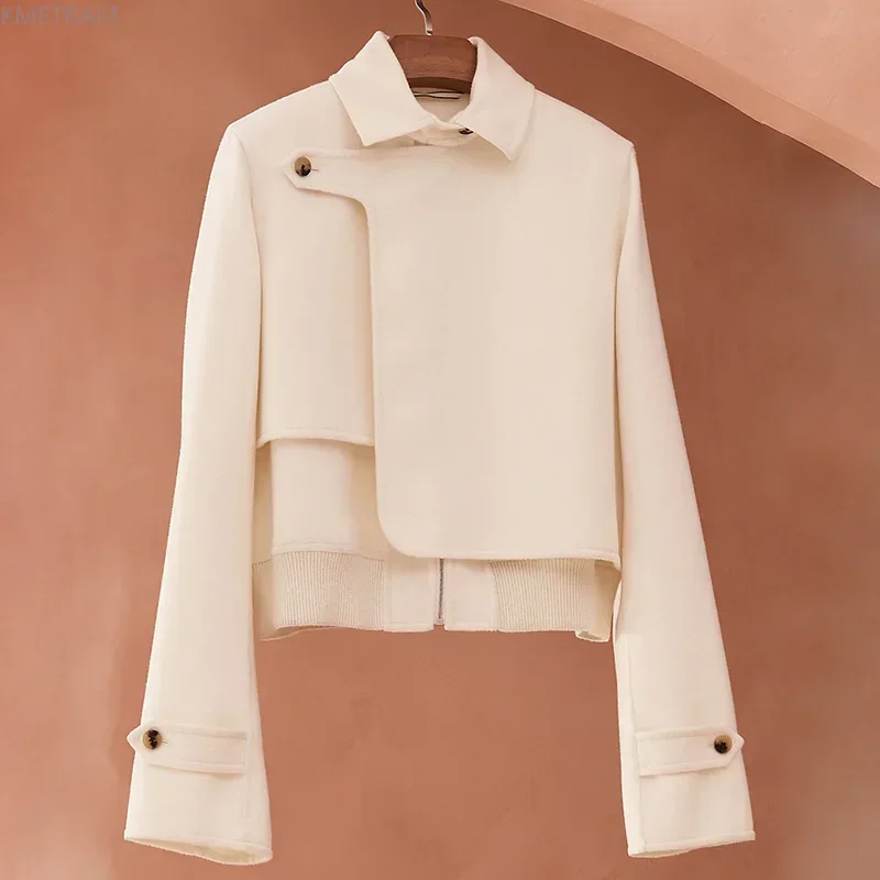 Blouson en cuir véritable femme, streetwear, vintage, élégant, court, blanc, 2024