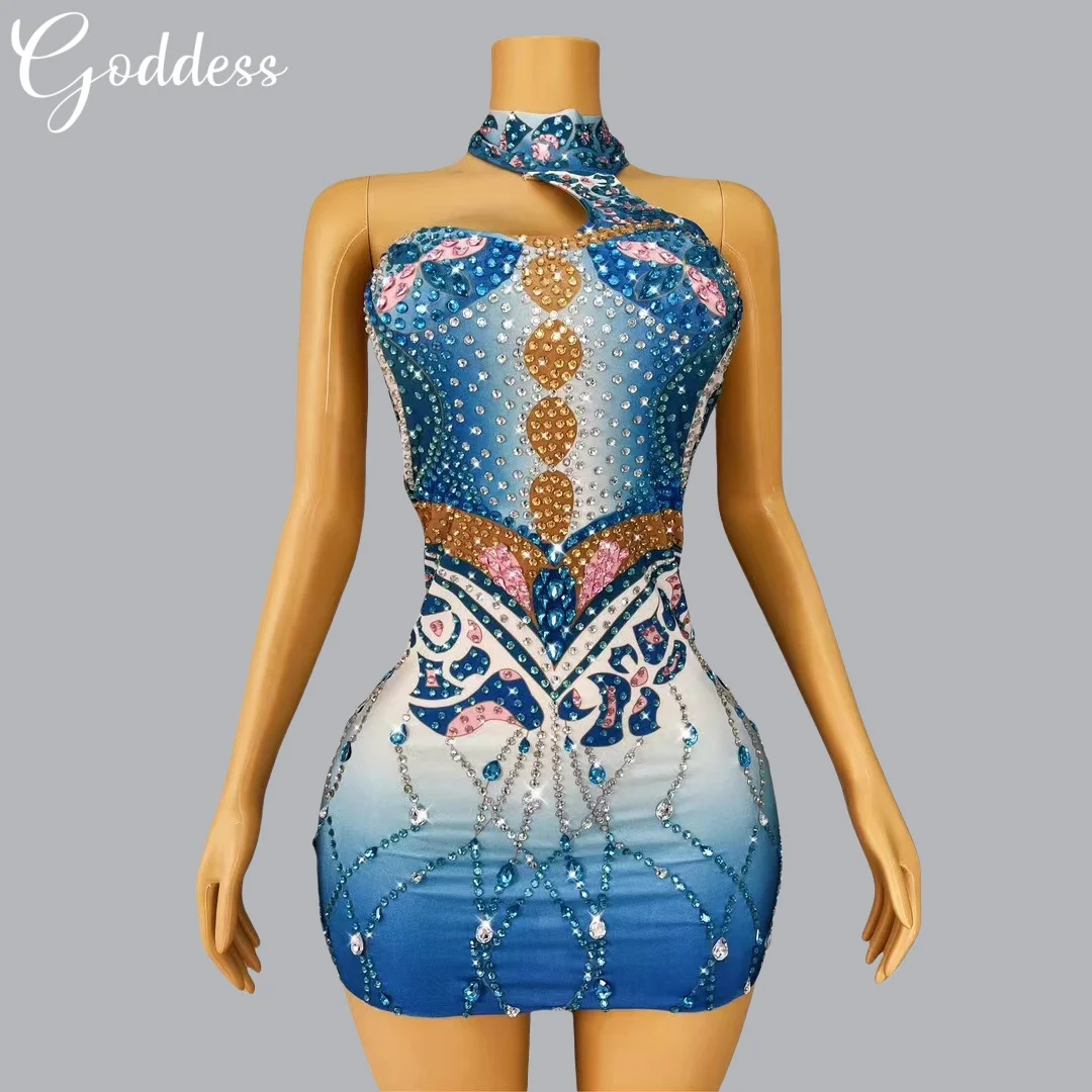 

Blue Wrapped Butt Dress Hanging Neck Bareback Shining Rhinestone Dress Cocktail Party Banquet Evening Dress Performance Dress