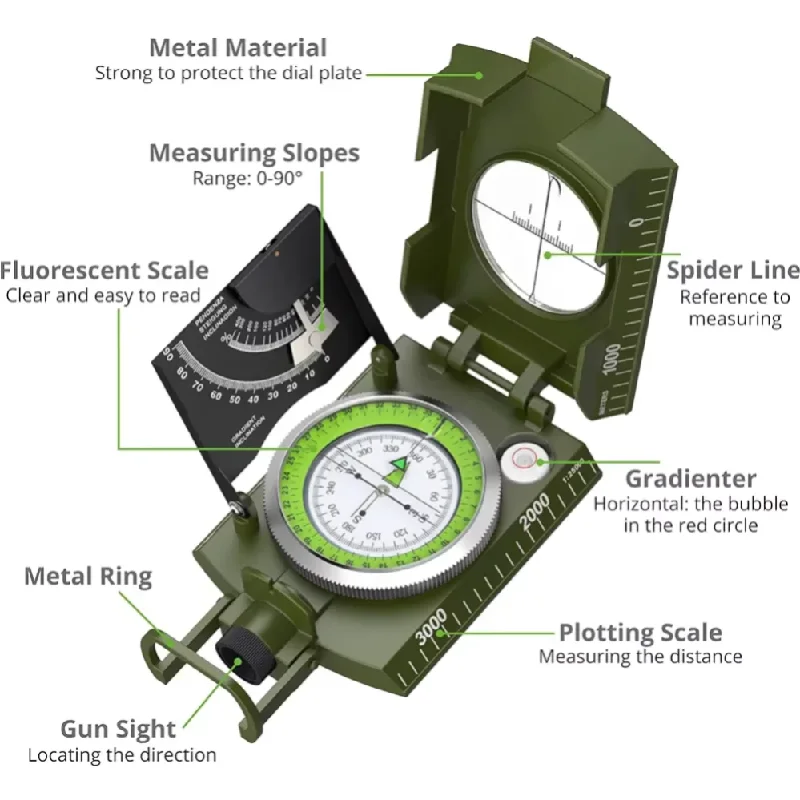 Mulitifunctional High Precision Outdoor Survival Military Compass Camping Waterproof Metal with Fluorescent Geological Compass