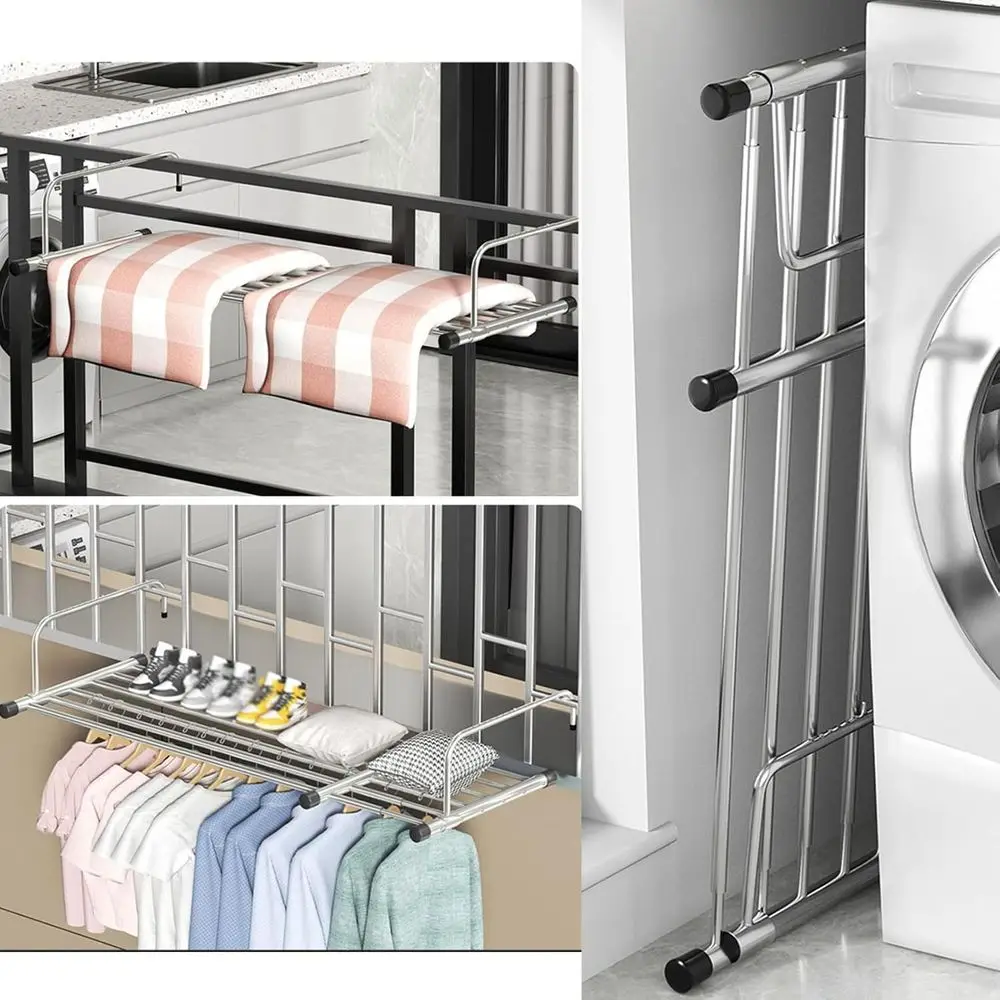 Indoor/Outdoor Stainless Steel Retractable Clothes Drying Rack, Wall-Mounted Space-Saving Laundry Hanger, Silver, 78
